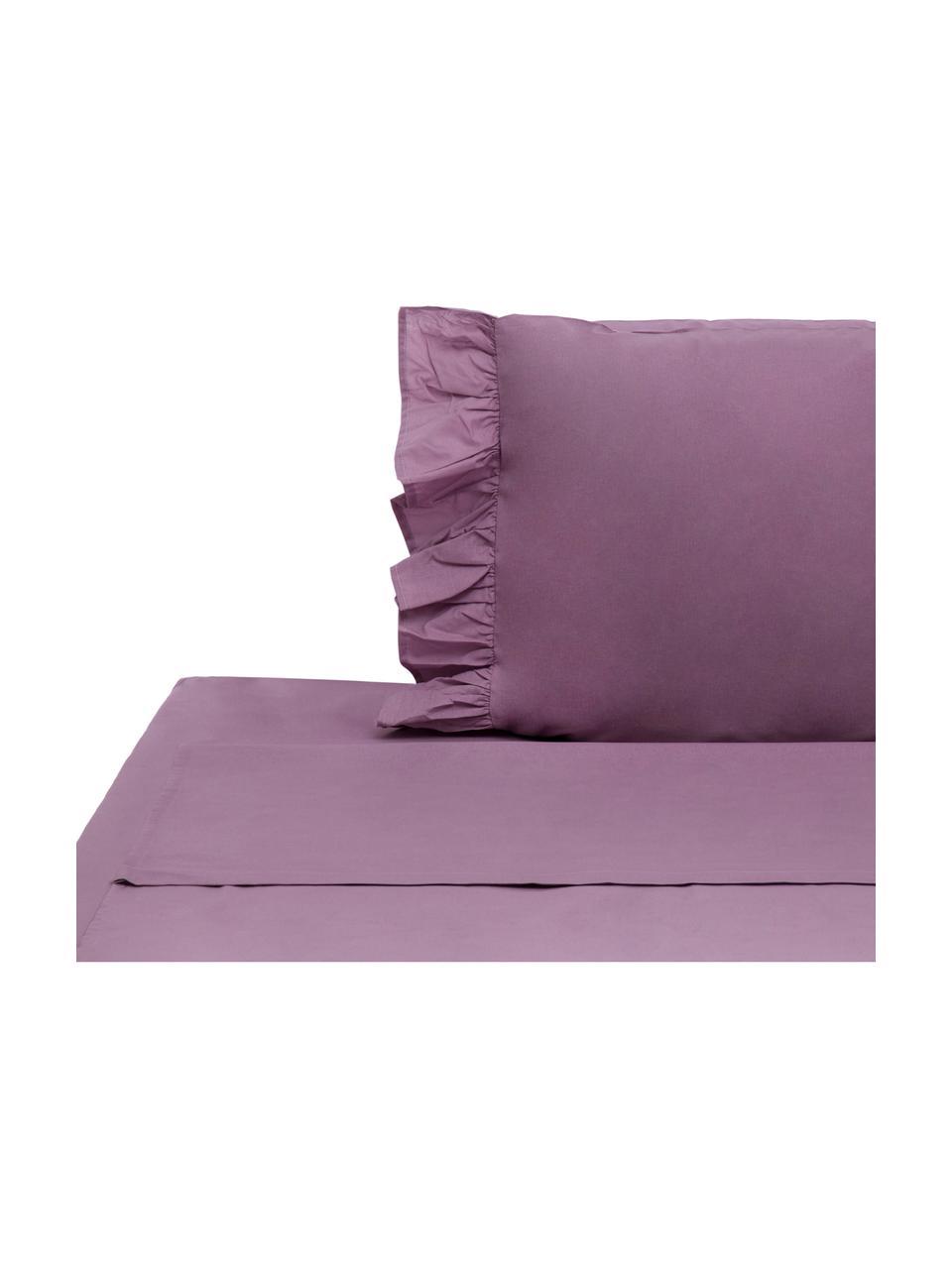 Set lenzuola in cotone con volant Ruffle, Malva, 150 x 290 cm + 1 federa + 1 lenzuolo