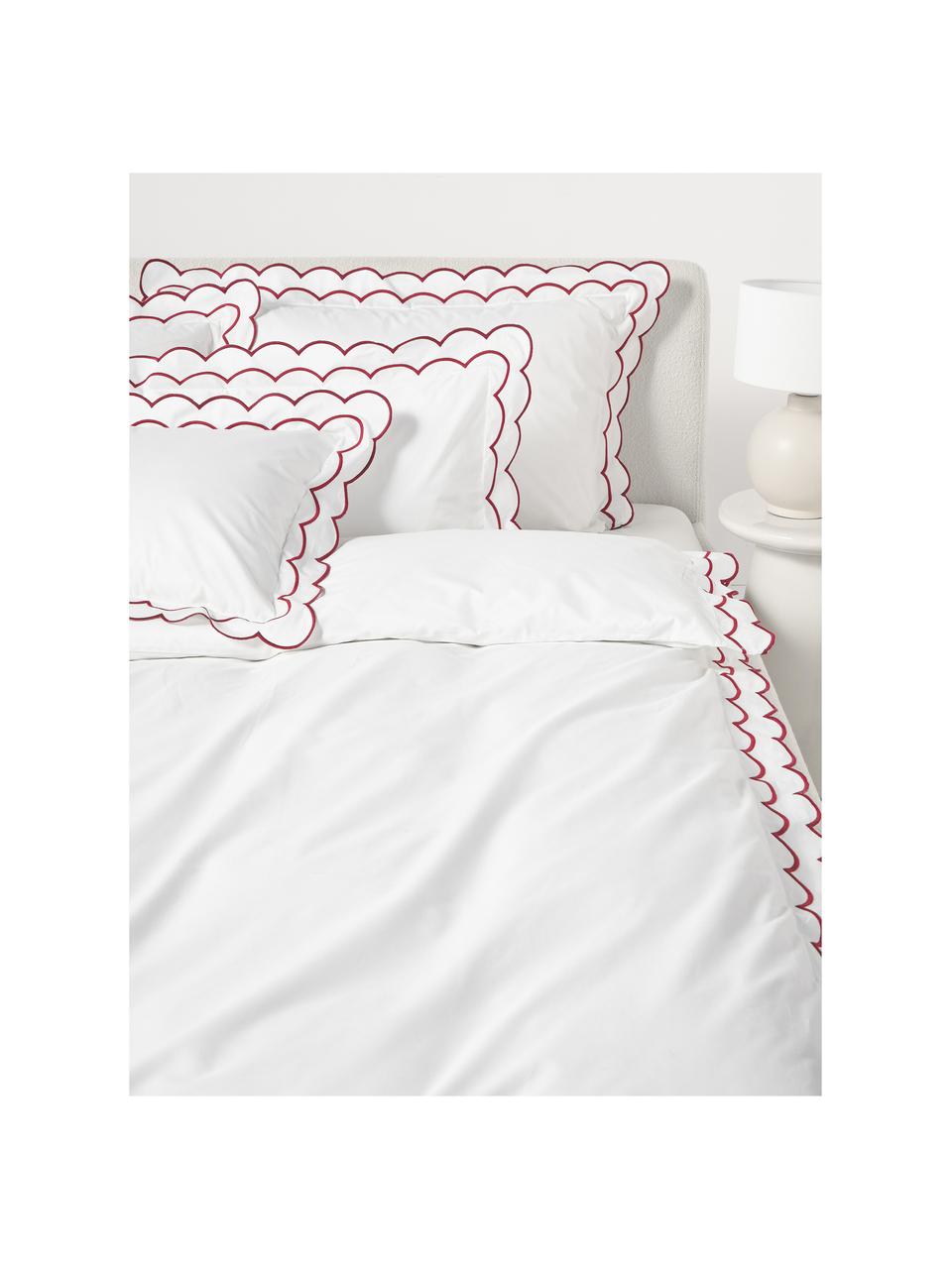 Federa in cotone percalle con bordino ricamato ondulato Atina, Bianco, rosso, Larg. 50 x Lung. 80 cm