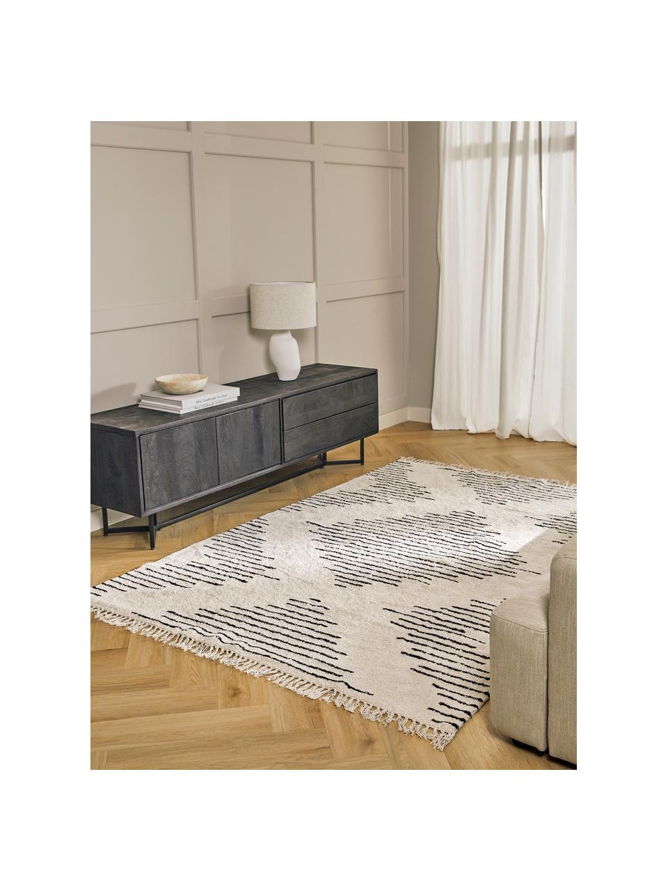 Alfombra artesanal de algodón con flecos Fini, 100% algodón, Beige, negro, An 160 x L 230 cm (Tamaño M)