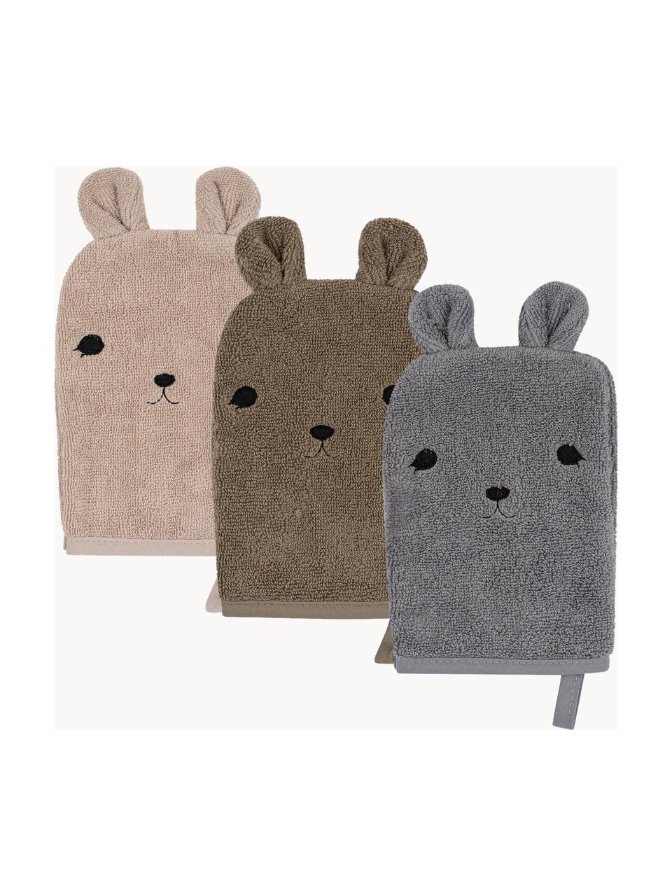 Katoenen washandjes Bear, set van 3, Katoen, Nougat, taupe, donkergrijs, B 13 x L 20 cm