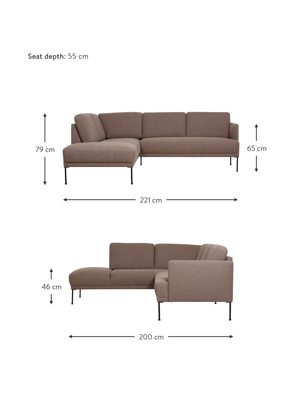Rohová pohovka s kovovými nohami Fluente, Hnědá, Š 221 cm, H 200 cm, levé rohové provedení