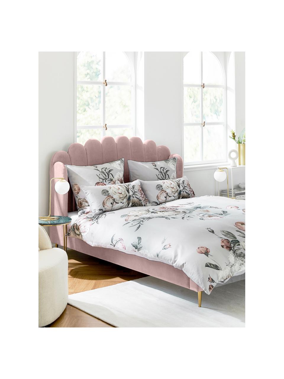 Gestoffeerd fluwelen bed Glamour, Frame: massief grenenhout, Poten: vermessingd metaal, Bekleding: fluweel (polyester), Fluweel oudroze, 160 x 200 cm