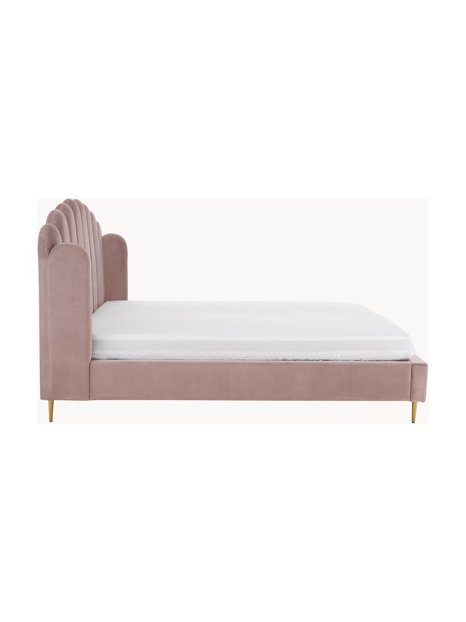 Gestoffeerd fluwelen bed Glamour, Frame: massief grenenhout, Poten: vermessingd metaal, Bekleding: fluweel (polyester), Fluweel oudroze, 160 x 200 cm