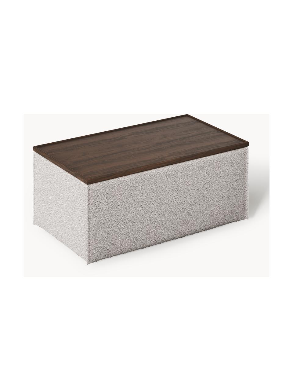 Sofa-Hocker Lennon aus Bouclé mit Stauraum, Bezug: Bouclé (80 % Polyester, 2, Tablett: Eichenholz, Spannplatte m, Gestell: Spanplatte, mitteldichte , Bouclé Taupe, dunkles Eichenholz, B 88 x T 50 cm