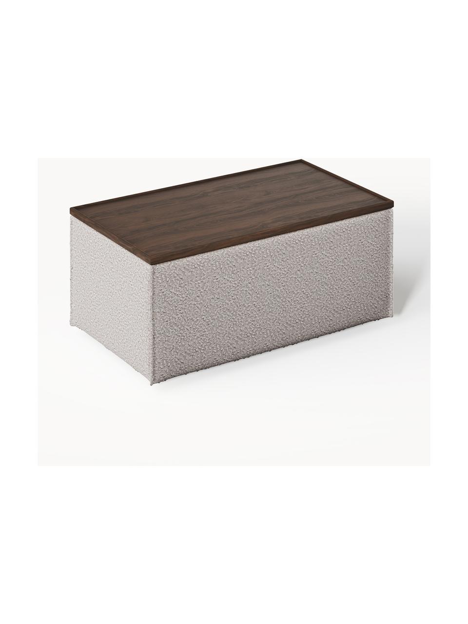 Sofa-Hocker Lennon aus Bouclé mit Stauraum, Bezug: Bouclé (80 % Polyester, 2, Tablett: Eichenholz, Spannplatte m, Gestell: Spanplatte, mitteldichte , Bouclé Taupe, dunkles Eichenholz, B 88 x T 50 cm