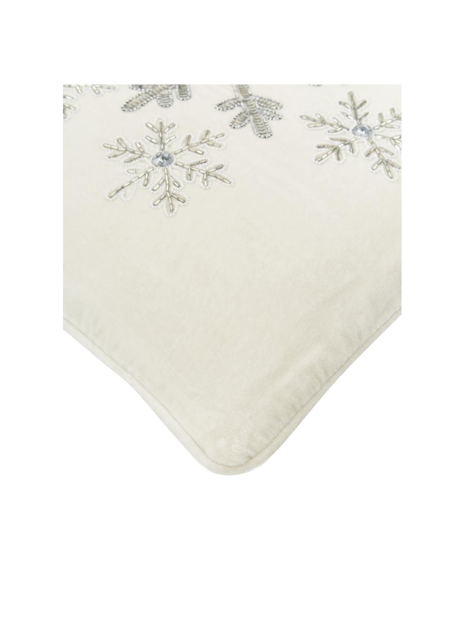 Funda de cojín de terciopelo bordada Snowflake, Terciopelo (100% algodón), Blanco crema, plateado, An 45 x L 45 cm
