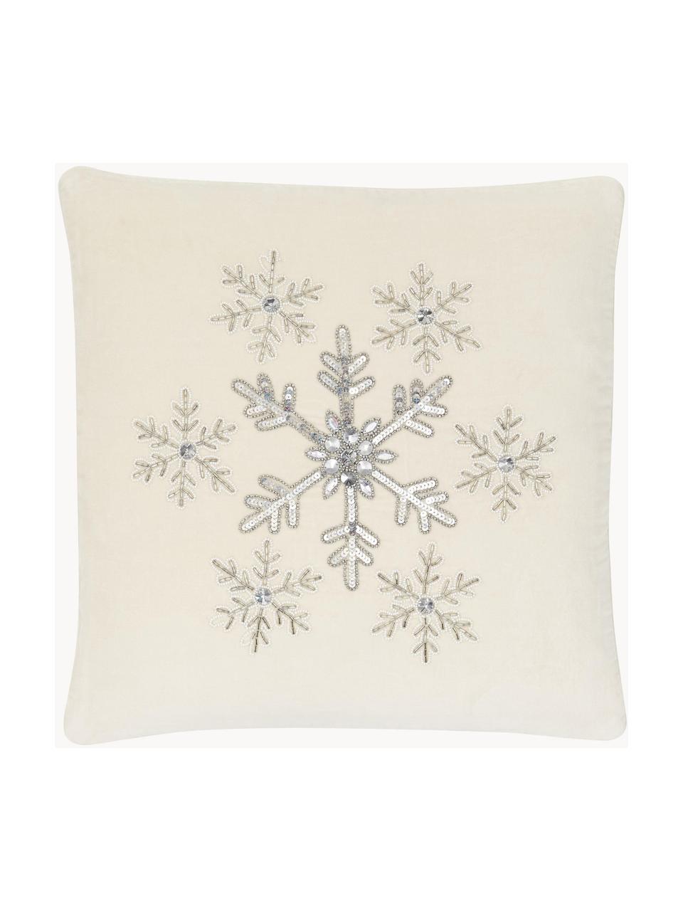 Copricuscino ricamato in velluto con bordino Snowflake, Velluto (100 % cotone), Bianco crema, argentato, Larg. 45 x Lung. 45 cm