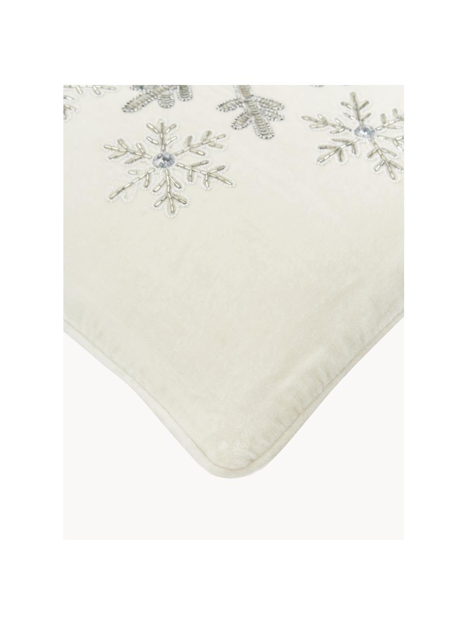 Copricuscino ricamato in velluto con bordino Snowflake, Velluto (100 % cotone), Bianco crema, argentato, Larg. 45 x Lung. 45 cm