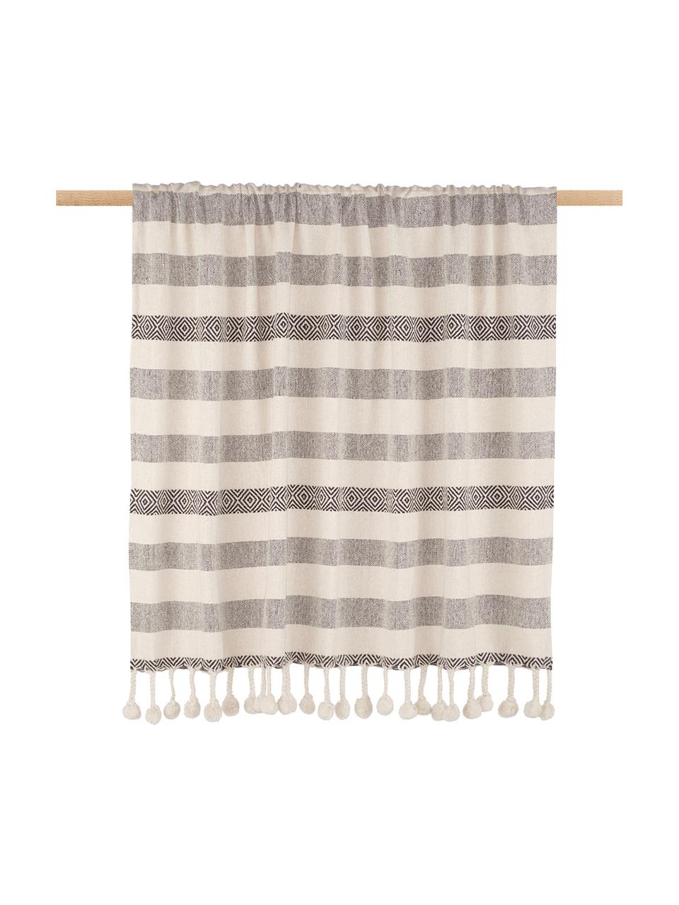 Katoenen plaid Pom Pom met strepen patroon in ecru/zwart, 100% katoen, Zwart, ecru, 130 x 170 cm