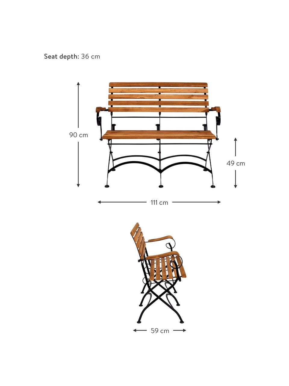 Garten-Klappbank Parklife mit Armlehnen, Sitzfläche: Akazienholz, geölt,, Gestell: Metall, verzinkt, pulverb, Schwarz, Akazienholz, B 111 x T 59 cm