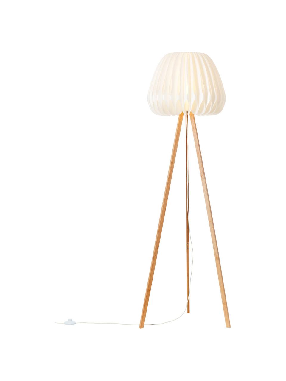 Design tripod vloerlamp Inna van bamboehout, Lampenkap: kunststof, Lampvoet: bamboe, Wit, bamboekleurig, Ø 62 x H 155 cm