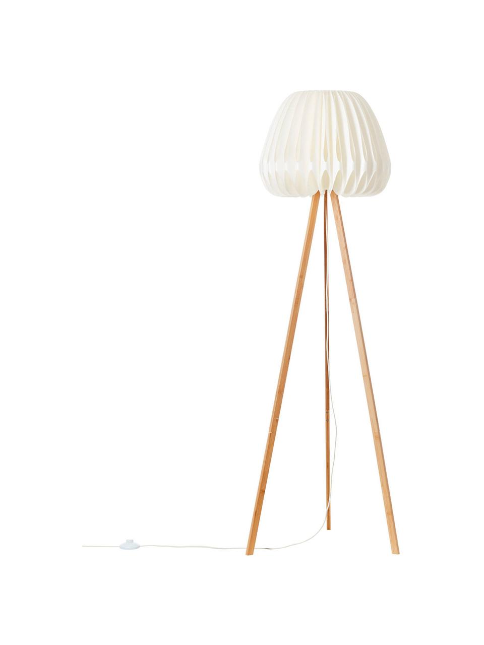 Design Tripod Stehlampe Inna aus Bambus, Lampenschirm: Kunststoff, Weiss, Bambus, Ø 62 x H 155 cm