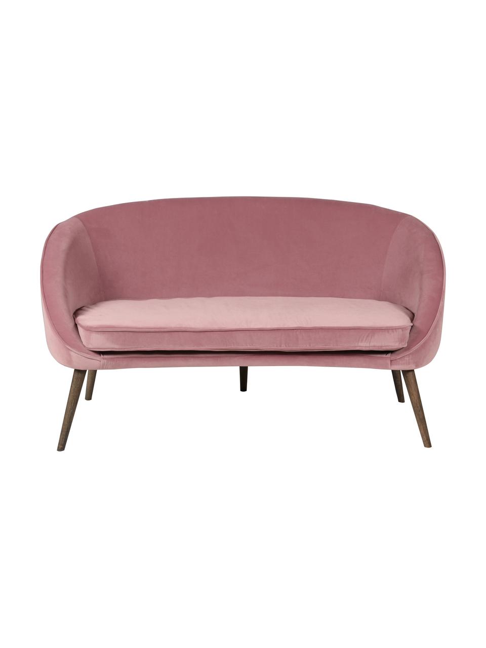 Fluwelen bank Safir (2-zits) in roze met houten poten, Bekleding: polyester fluweel, Poten: gebeitst walnoothout, Fluweel frambooskleurig, B 136  x D 66 cm