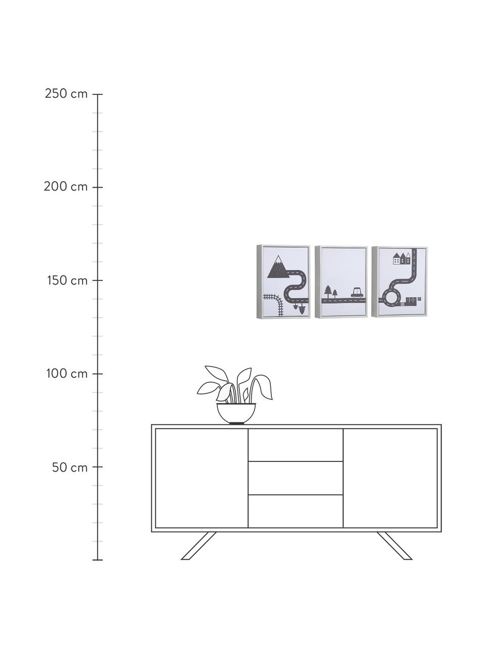 Gerahmtes Digitaldruck-Set Nidi, 3-tlg., Rahmen: Holz, Bild: Canvas, mitteldichte Fase, Weiß, Schwarz, 30 x 42 cm