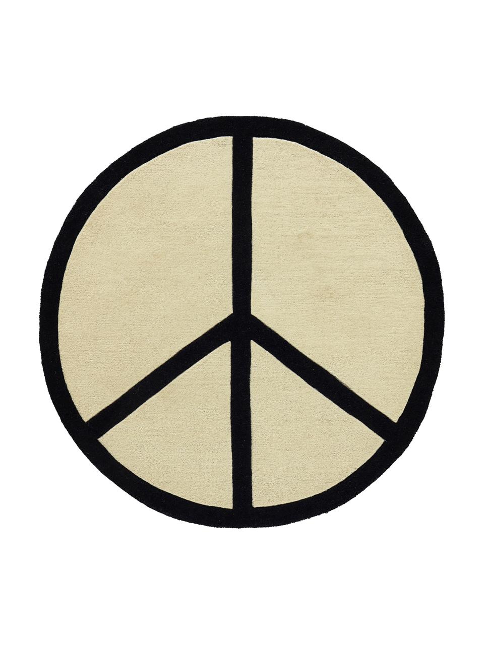 Kulatý ručně všívaný vlněný koberec Peace Out, Krémová, černá