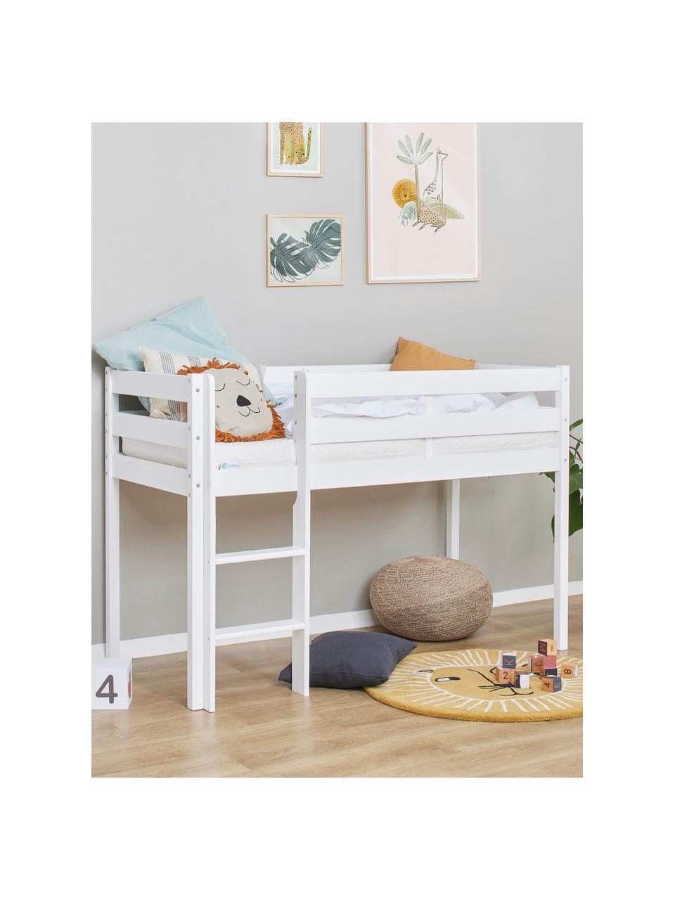 Letto per bambini semi-alto in legno di pino Eco Comfort 70 x 160 cm, Legno di pino massiccio, certificato FSC, compensato, Bianco, Larg. 70 x Lung. 160 cm x Alt. 114 cm