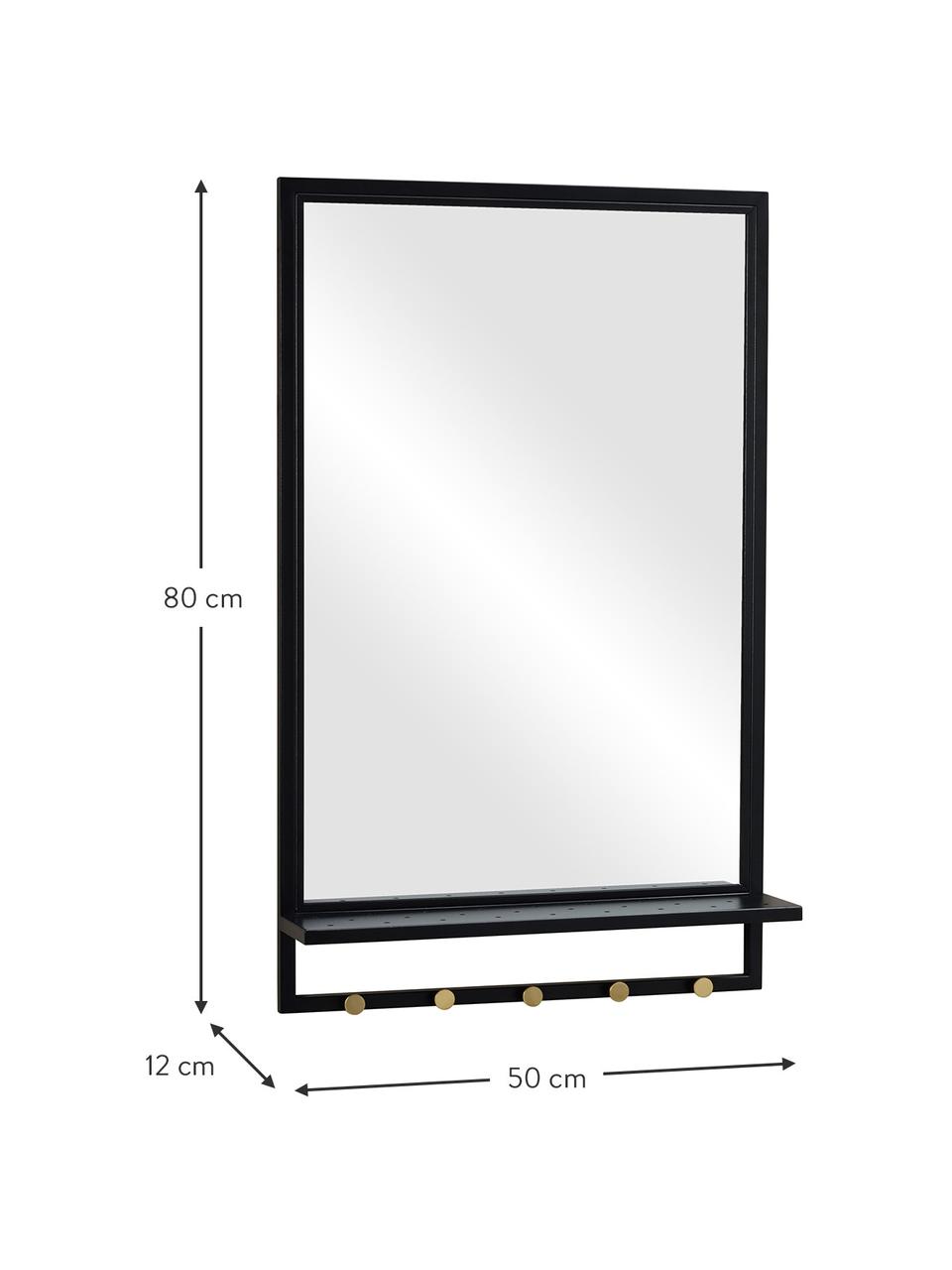 Espejo de pared de metal con estante Malone, Estante: metal con pintura en polv, Espejo: cristal, Negro, dorado, An 50 x Al 80 cm