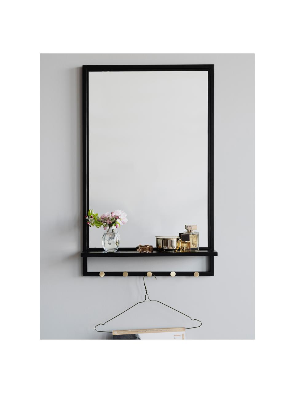 Espejo de pared de metal con estante Malone, Estante: metal con pintura en polv, Espejo: cristal, Negro, dorado, An 50 x Al 80 cm