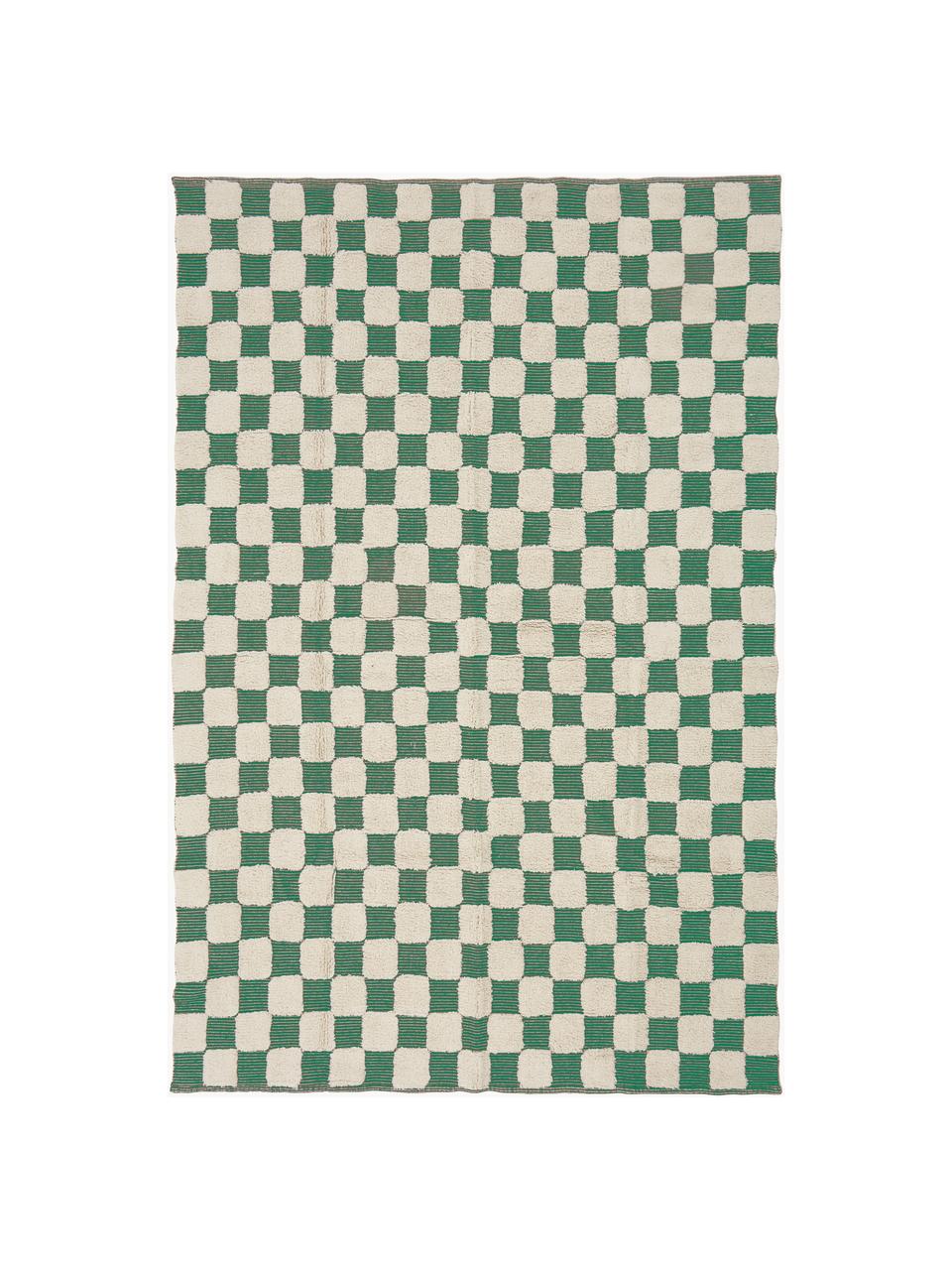 Tapis tissé à la main avec structure haute-basse Penton, 100 % coton, Blanc crème, vert, larg. 170 x long. 240 cm (taille M)