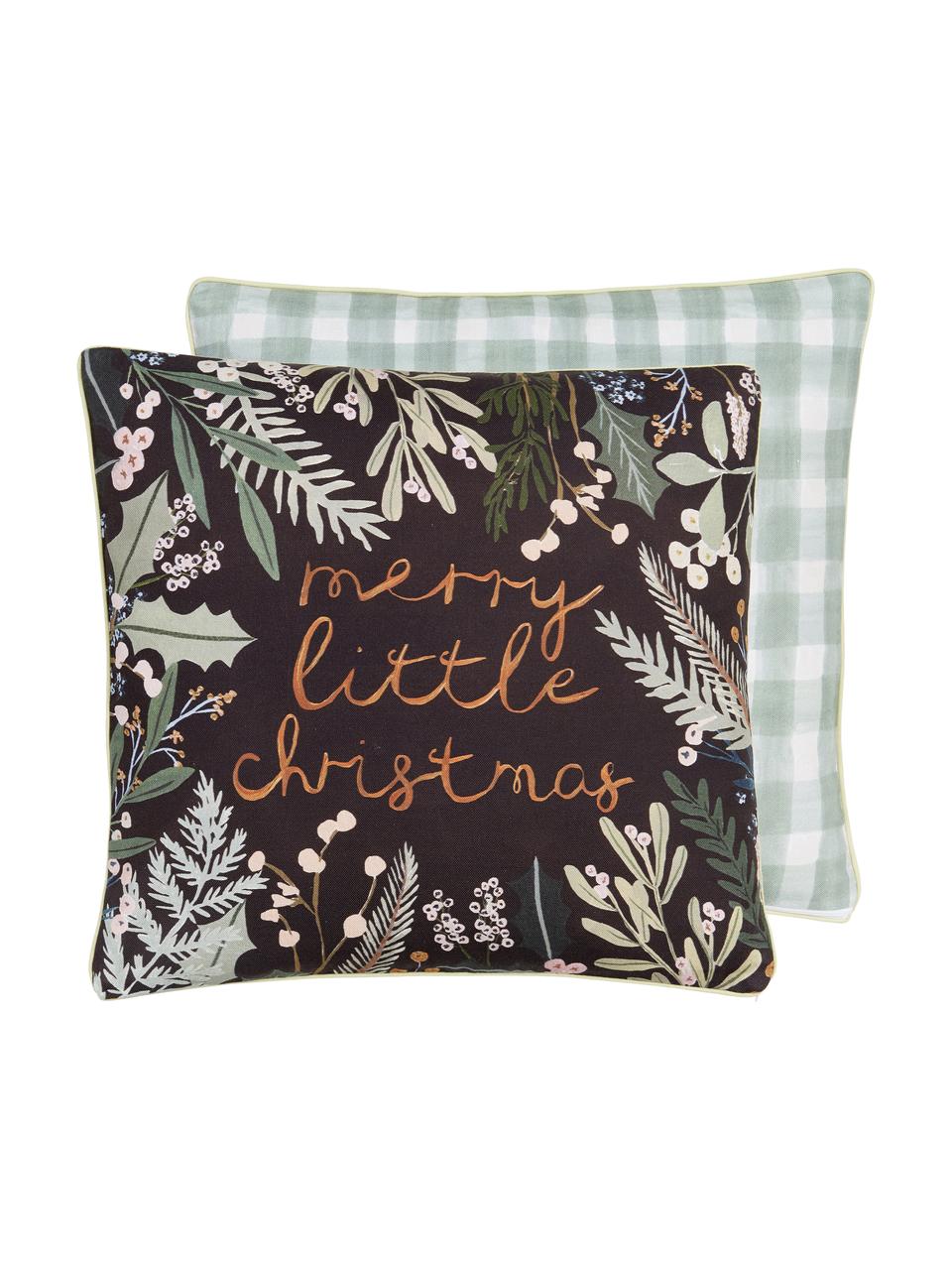 Federa reversibile di Candice Gray Merry Little Christmas, 100% cotone, certificato GOTS, Nero, verde, Larg. 45 x Lung. 45 cm