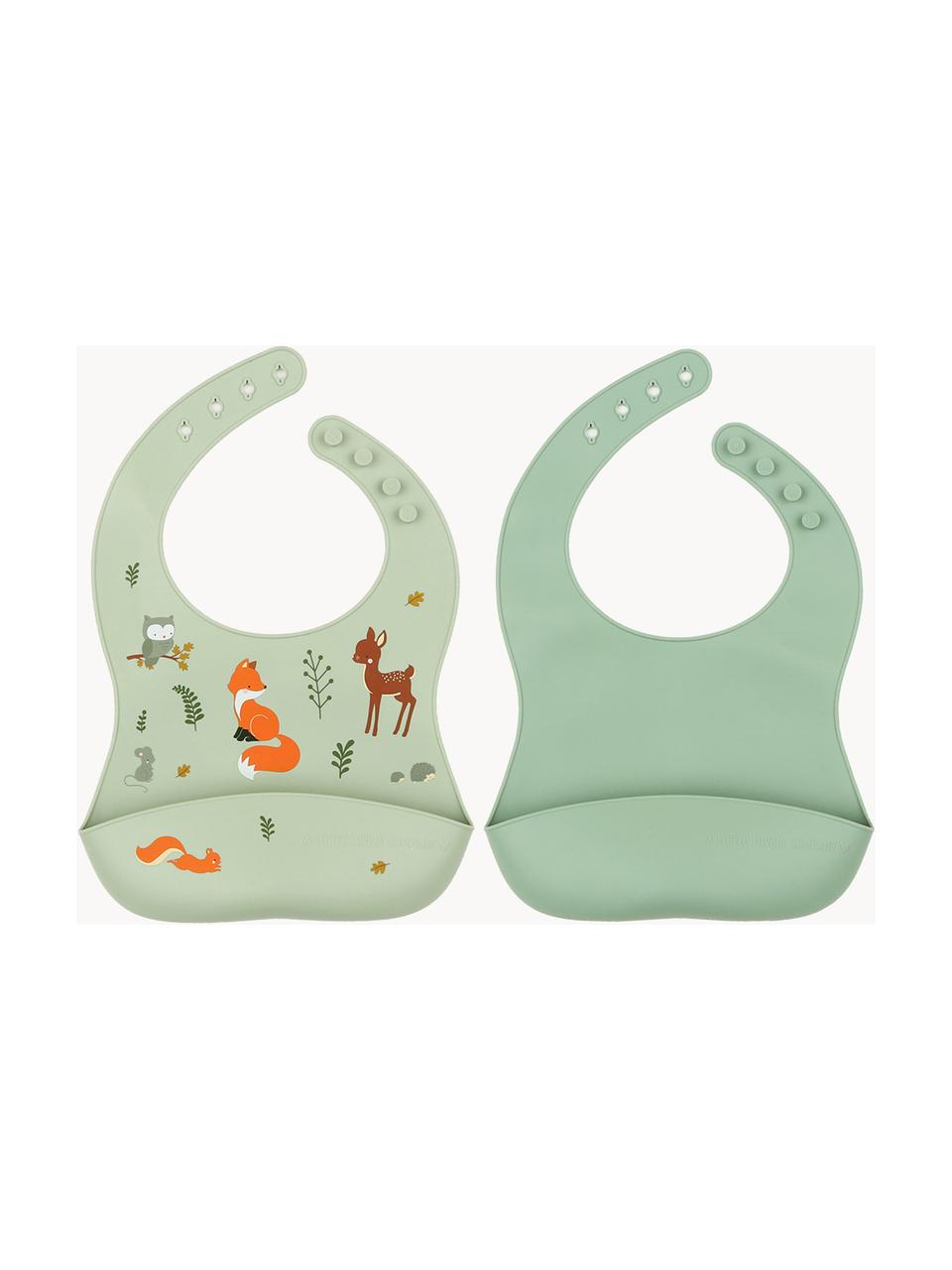 Silikon-Lätzchen Forest Friends, 2er-Set, Silikon, wasserdicht, BPA- und Phtalatfrei, Lebensmittelecht, LFGB geprüft, Salbeigrün, Olivgrün, Mehrfarbig, B 23 x H 27 cm