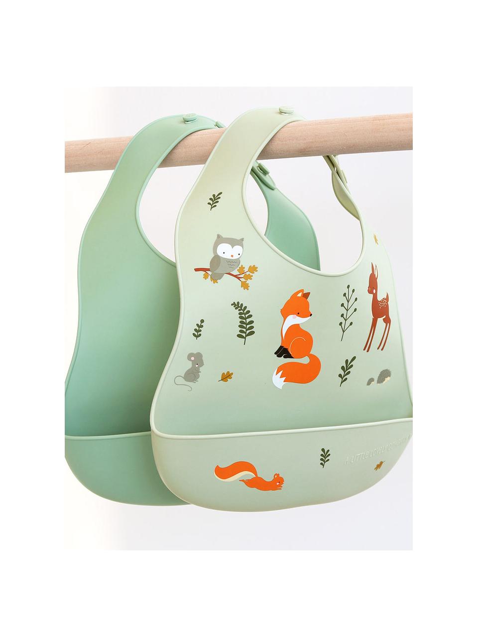 Set de baberos de silicona Forest Friends, 2 uds., Silicona, resistente al agua, Verde salvia, verde oliva, multicolor, An 23 x Al 27 cm