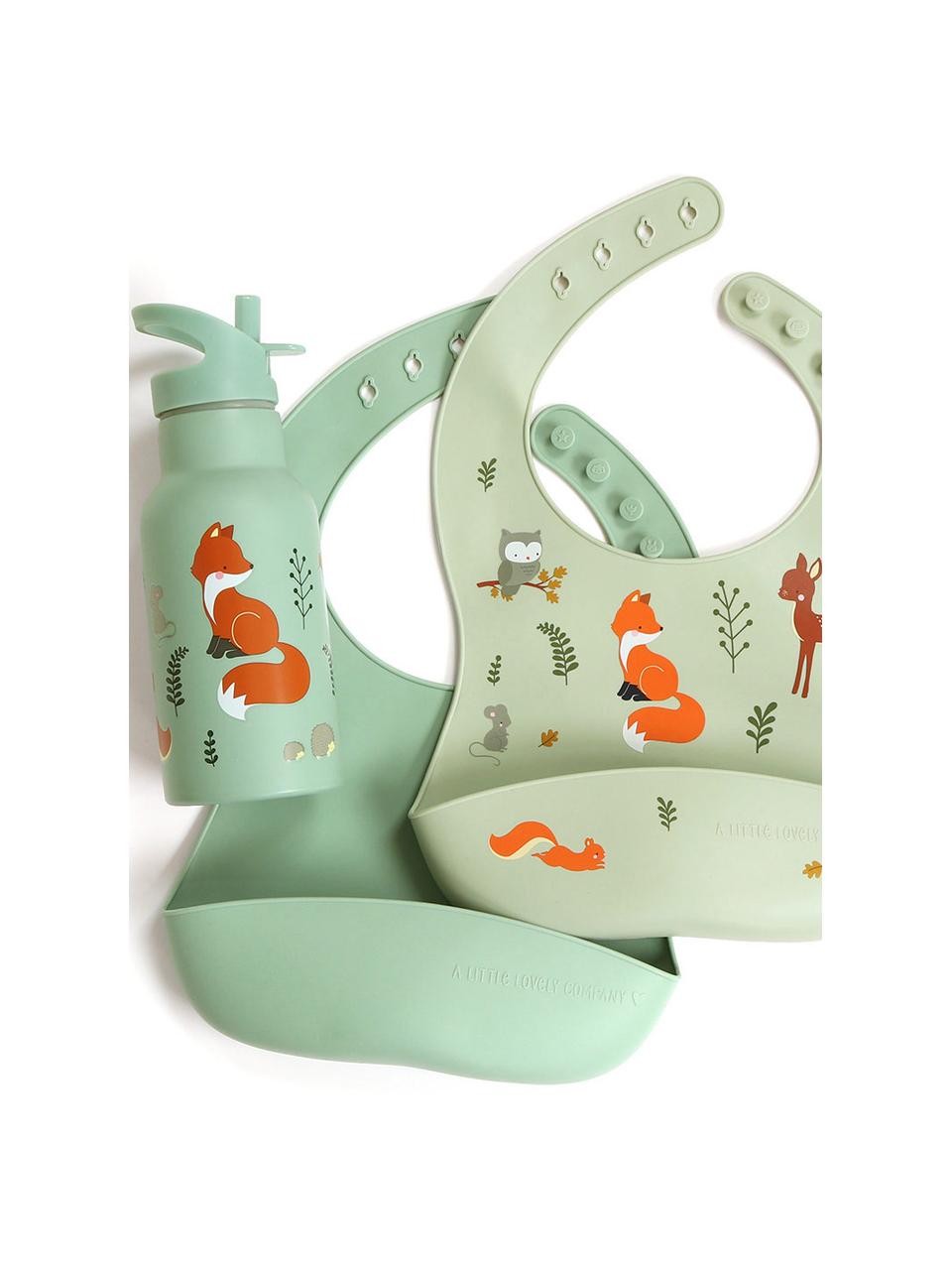 Silikon-Lätzchen Forest Friends, 2er-Set, Silikon, wasserdicht, BPA- und Phtalatfrei, Lebensmittelecht, LFGB geprüft, Salbeigrün, Olivgrün, Mehrfarbig, B 23 x H 27 cm