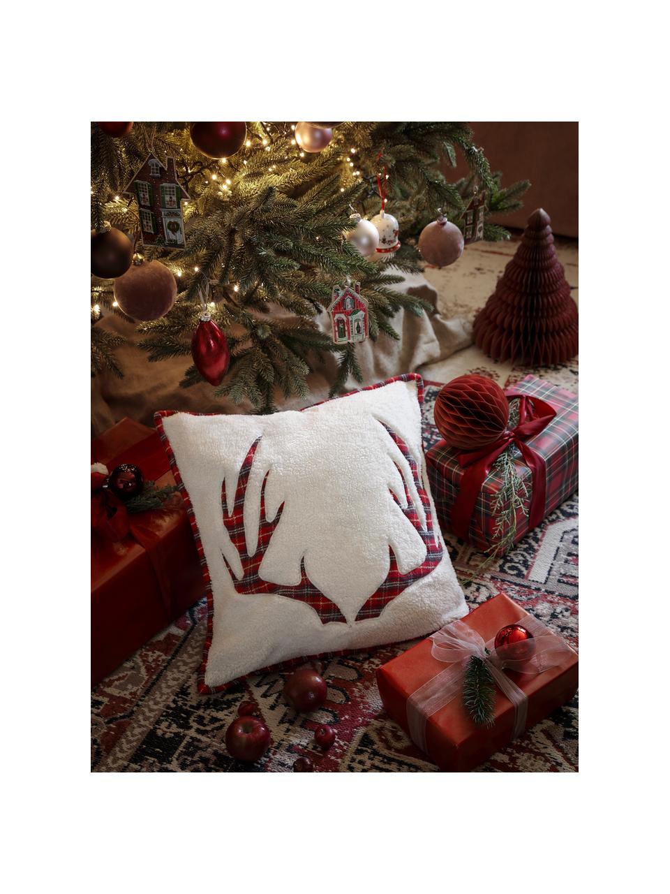 Karierte Kissenhülle Myles mit weihnachtlichem Motiv, Cremeweiss, Rot, B 45 x L 45 cm