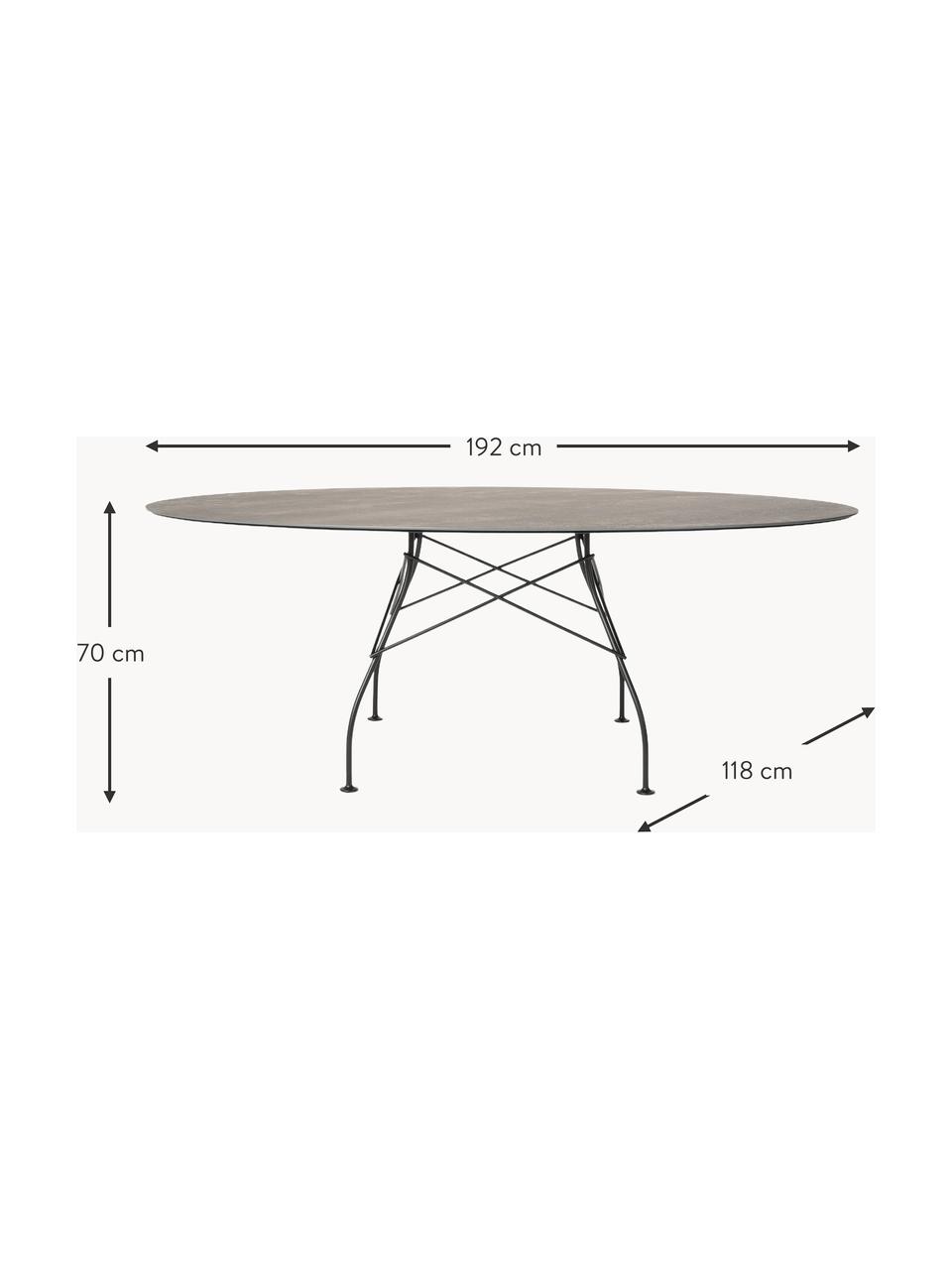 Ovaler Gartentisch Glossy aus Steingut, 192 x 118 cm, Tischplatte: Steingut, Gestell: Stahl, lackiert, Greige, Schwarz, B 192 x T 118 cm