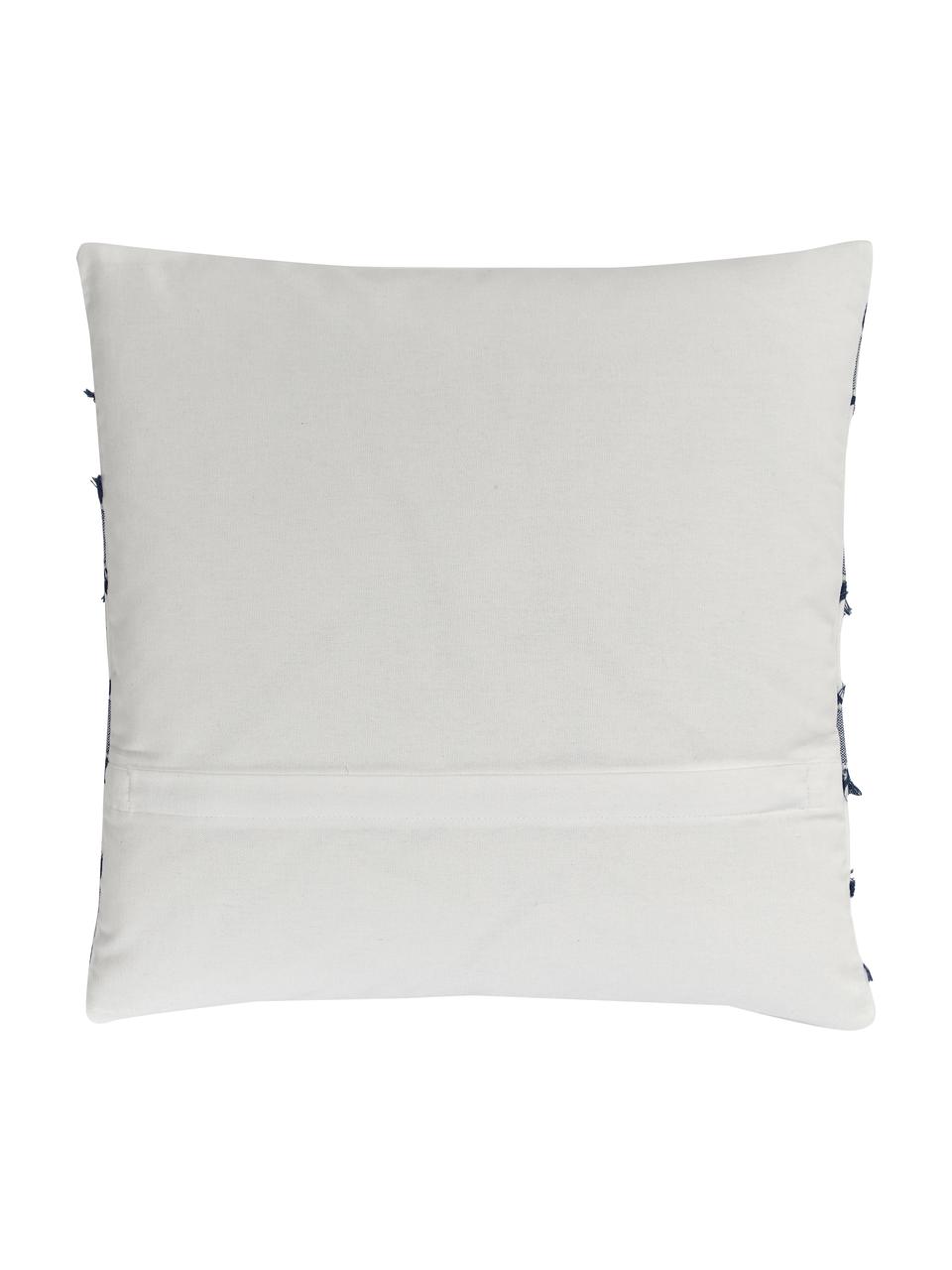 Funda de cojín de algodón con flecos Raja, 100% algodón, Blanco crema, azul, An 45 x L 45 cm