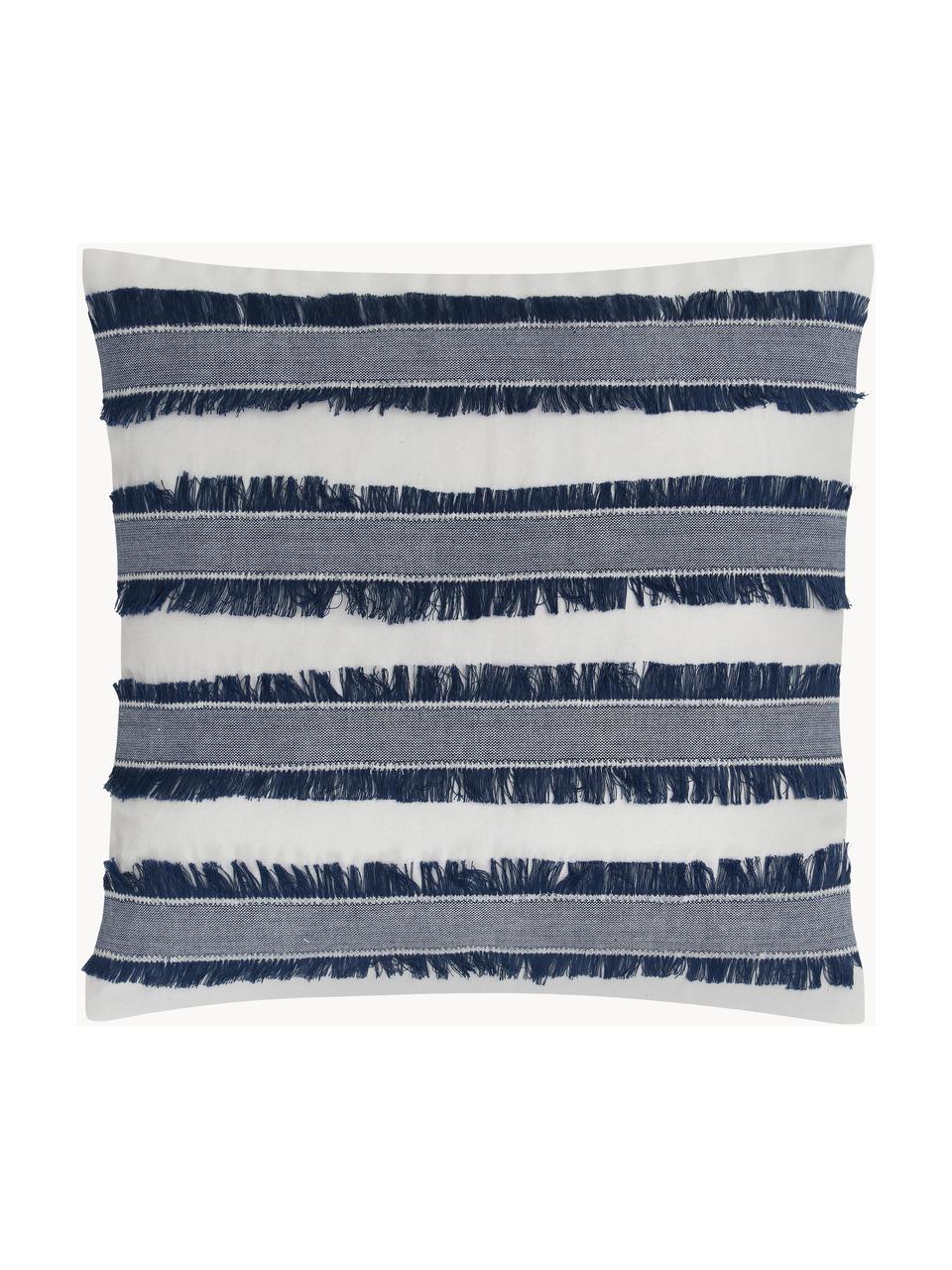 Poszewka na poduszkę z bawełny z frędzlami Raja, 100% bawełna, Kremowobiały, niebieski, S 45 x D 45 cm