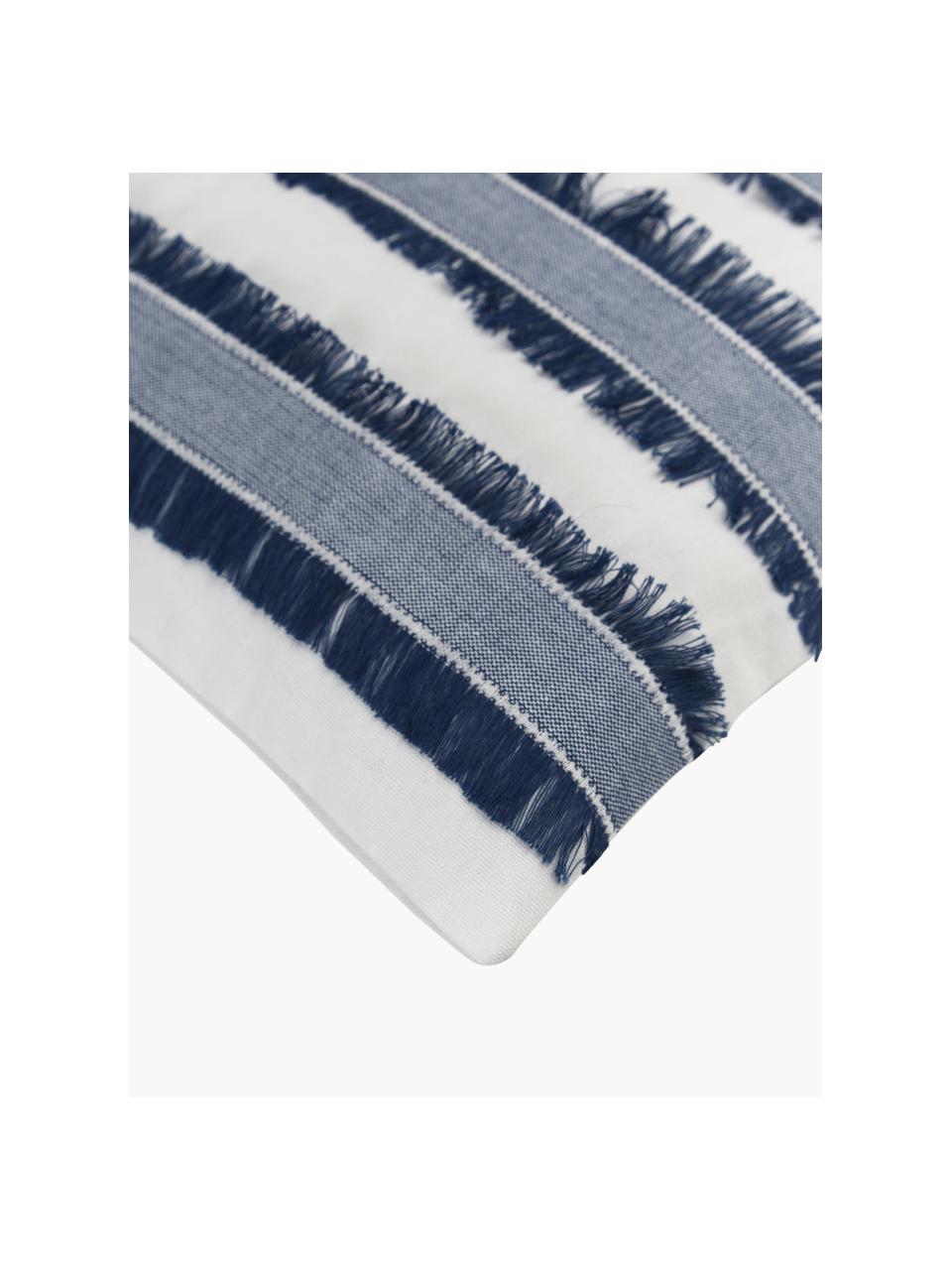 Copricuscino in cotone con frange Raja, 100% cotone, Blu, bianco crema, Larg. 45 x Lung. 45 cm