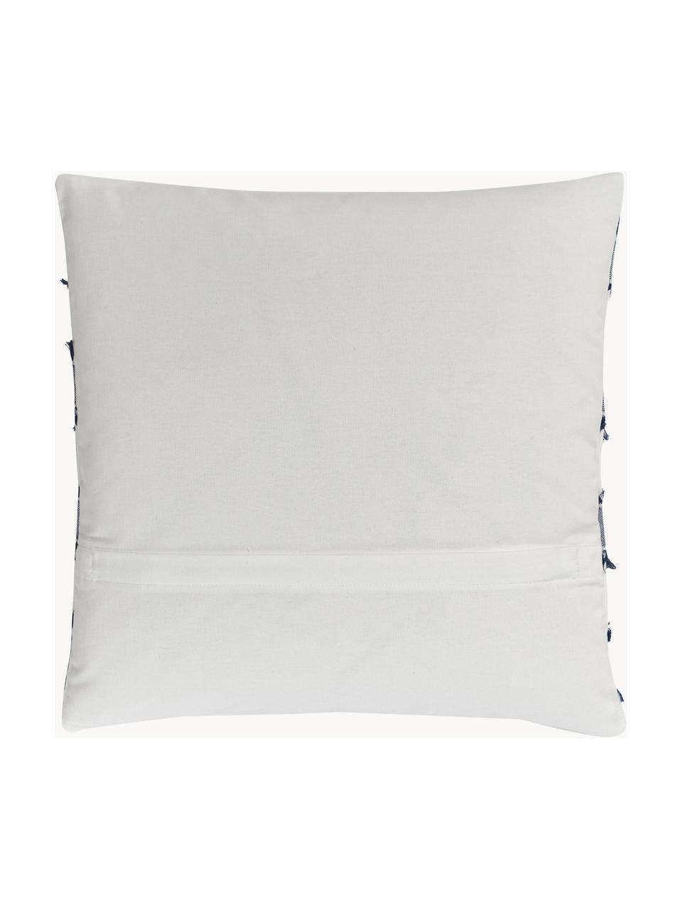 Housse de coussin 45x45 à franges Raja, 100 % coton, Blanc crème, bleu, larg. 45 x long. 45 cm