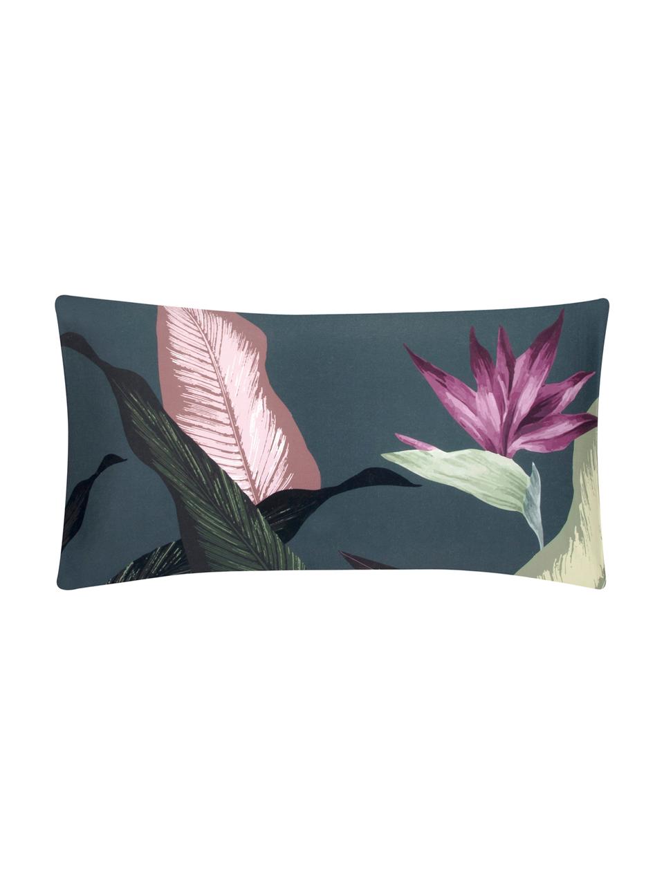 Funda de almohada de satén Flora, 45 x 85 cm, Gris oscuro con estampado de plantas, An 45 x L 85 cm