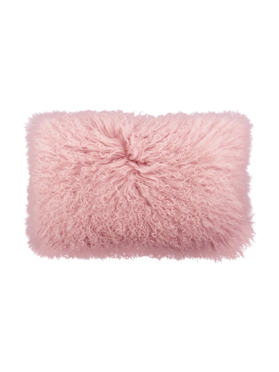 Housse de coussin rectangulaire peau d'agneau à longs poils frisés Ella, Rose