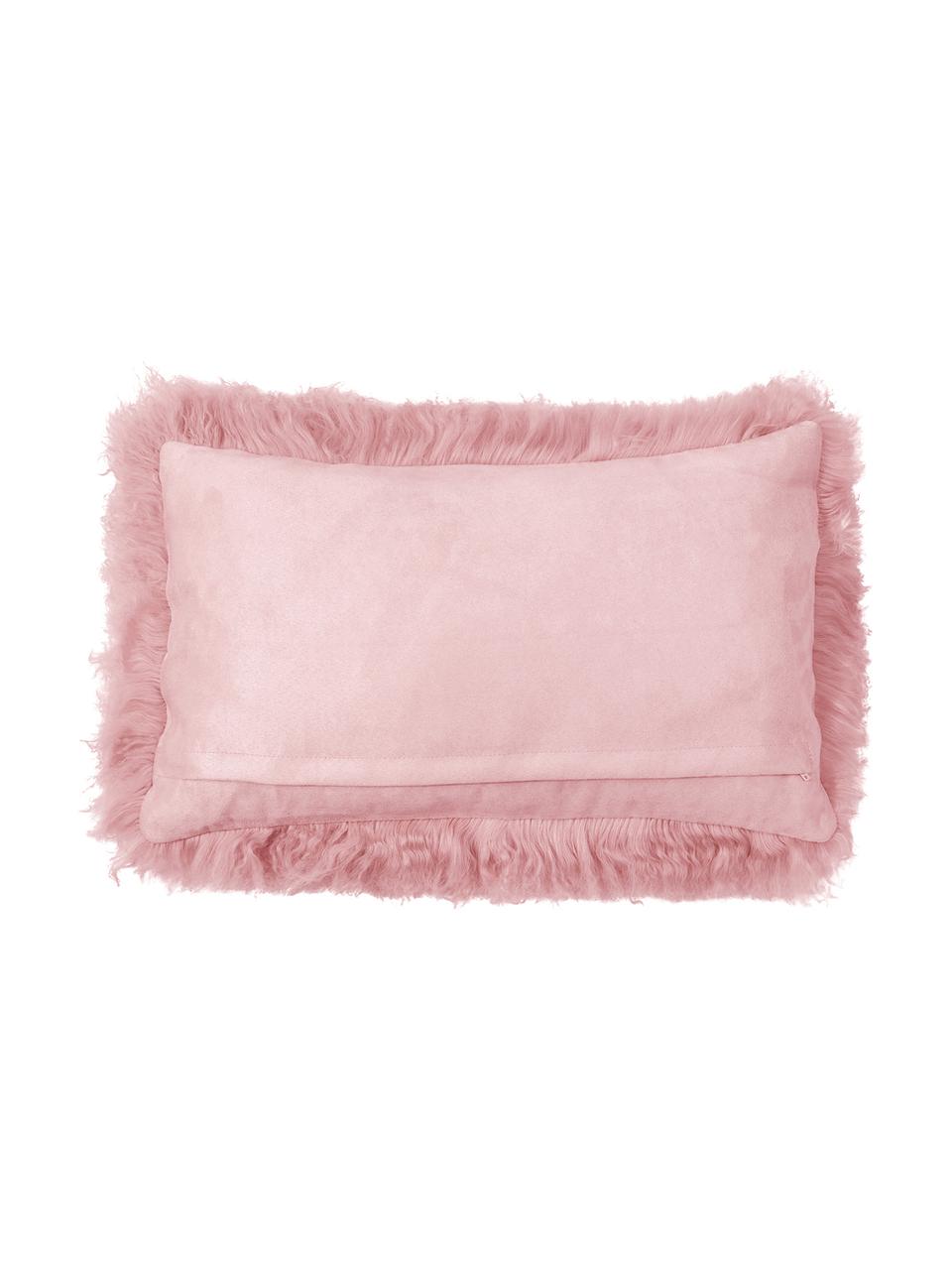 Housse de coussin rectangulaire peau d'agneau à longs poils frisés Ella, Rose