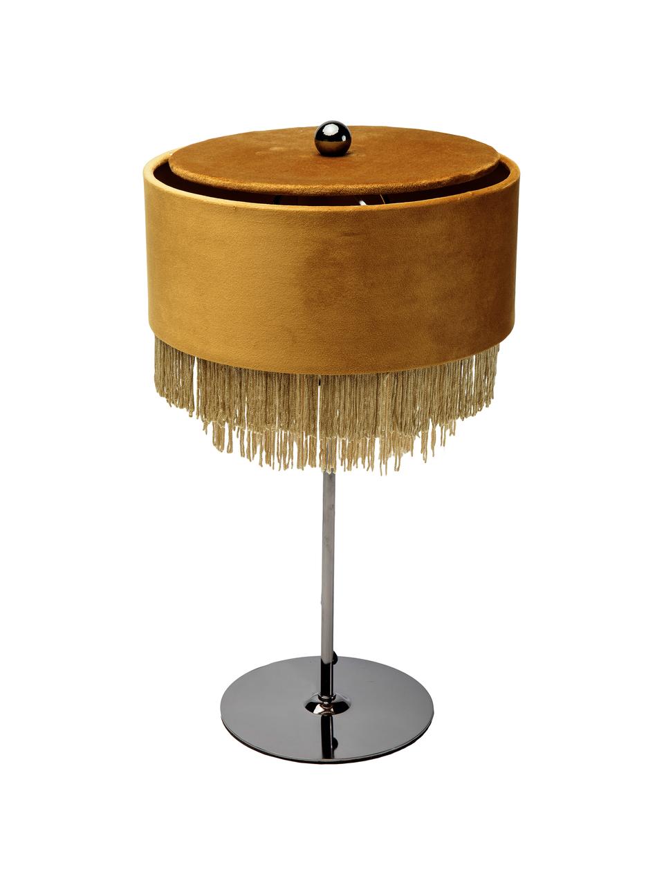 Fluwelen tafellamp Tassel, Franjes: polyester, Lampvoet: gelakt staal, Geel, Ø 25 x H 43 cm