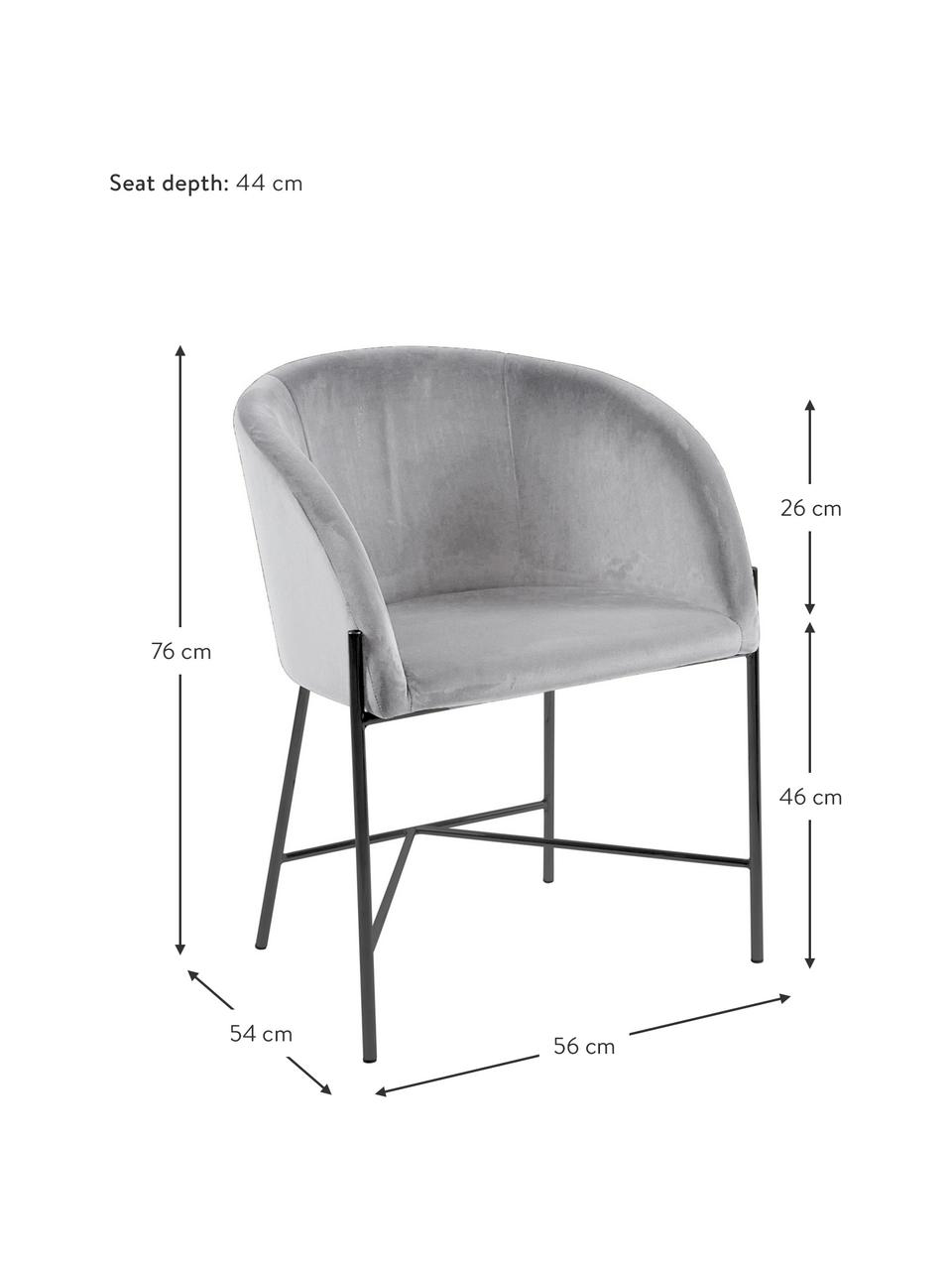 Fluwelen stoel Nelson met armleuningen, Bekleding: polyester fluweel, Poten: gelakt metaal, Grijs, zwart, B 56  x D 55 cm