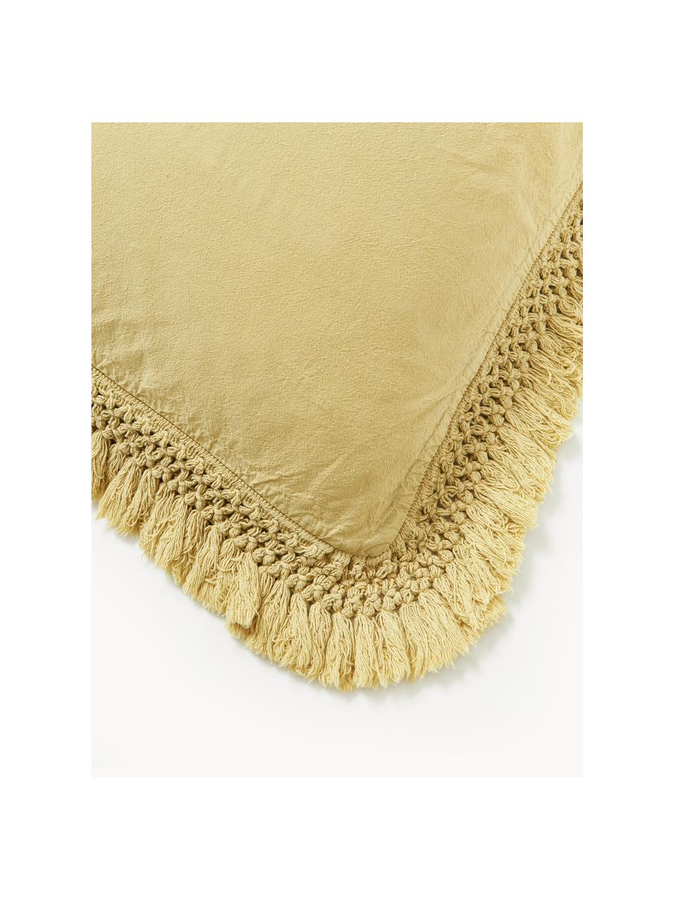 Taie d'oreiller en percale de coton à franges Abra, Jaune moutarde, larg. 50 x long. 70 cm