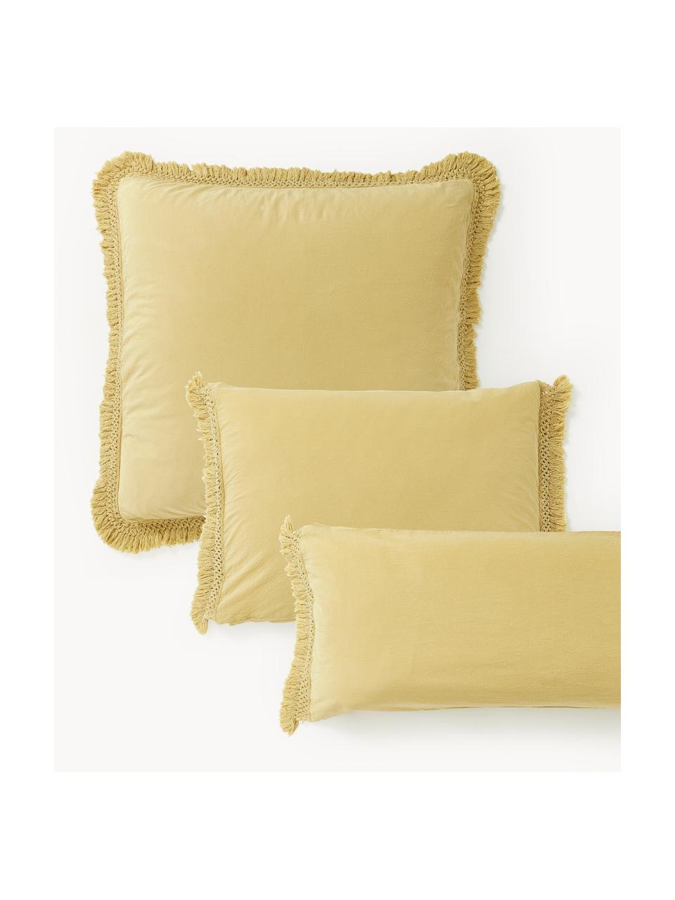 Taie d'oreiller en coton à franges Abra, Jaune moutarde, larg. 50 x long. 70 cm