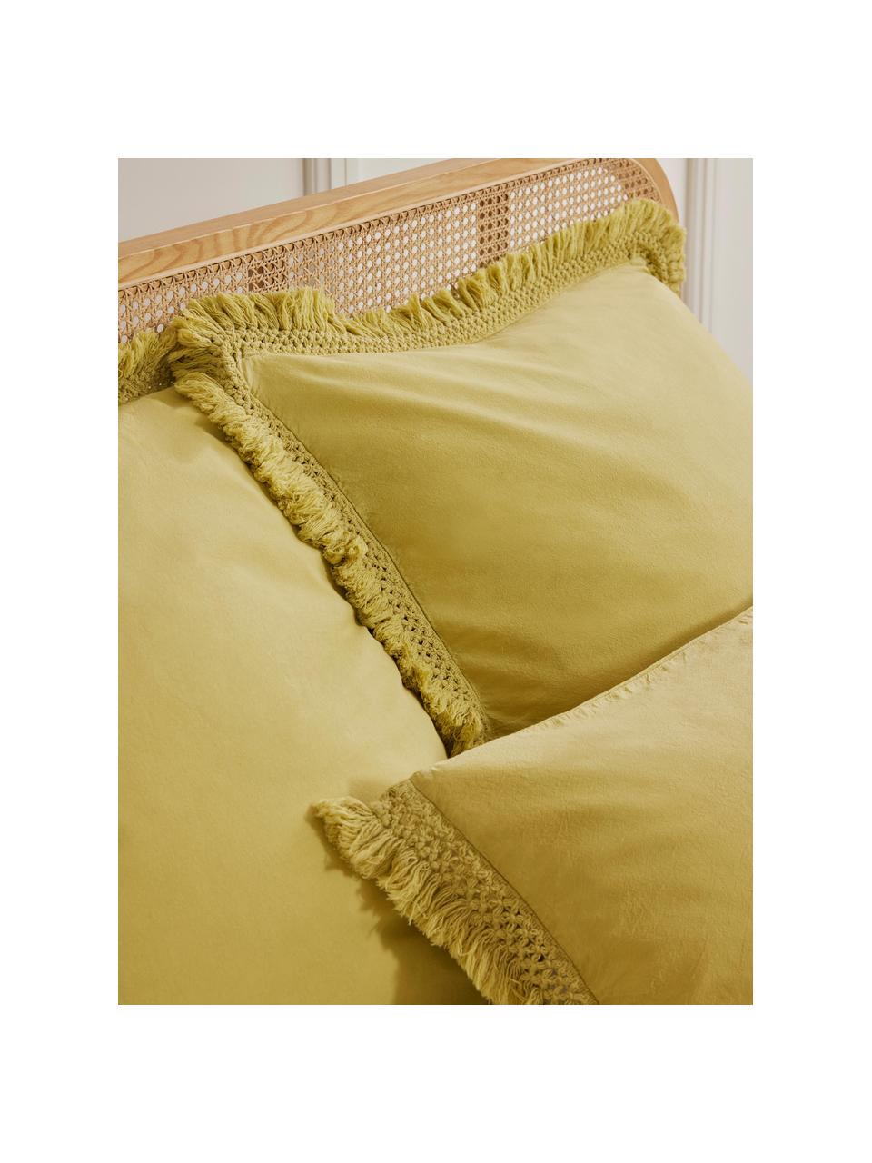 Taie d'oreiller en percale de coton à franges Abra, Jaune moutarde, larg. 50 x long. 70 cm