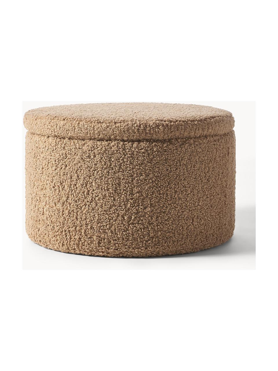 Grand pouf en tissu bouclé avec rangement Alida, Peluche brun clair, Ø 70 x haut. 42 cm