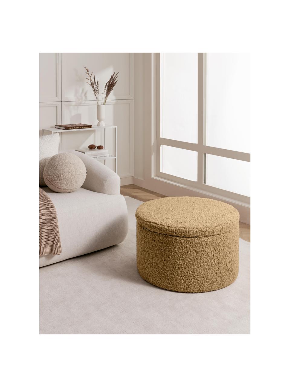 Grand pouf en tissu bouclé avec rangement Alida, Peluche brun clair, Ø 70 x haut. 42 cm