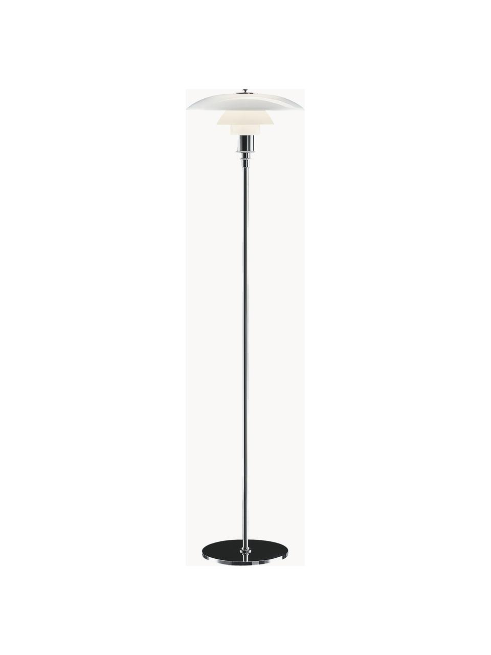 Kleine vloerlamp PH 3½-2½, mondgeblazen, Lampenkap: opaalglas, mondgeblazen, Lampvoet: messing, verchroomd, Zilverkleurig, wit, H 130 cm