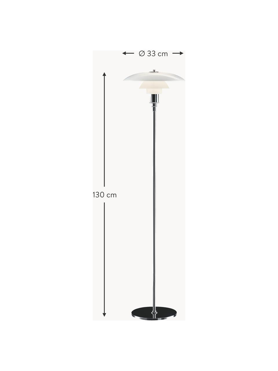 Lampa podłogowa ze szkła dmuchanego PH 3½-2½, Stelaż: stal chromowana, Odcienie srebrnego, biały, W 130 cm