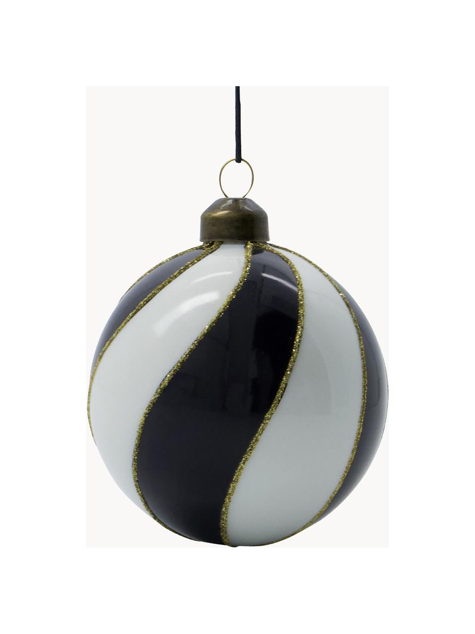 Boules de Noël peintes à la main Coil, 4 pièces, Verre, Noir, crème, Ø 8 cm