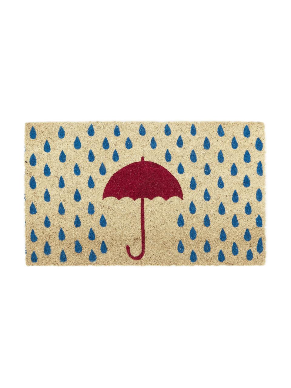 Fußmatte Rainy, Oberseite: Kokosfaser, Unterseite: Kunststoff (PVC), Hellbeige, Blau, Rot, 45 x 75 cm