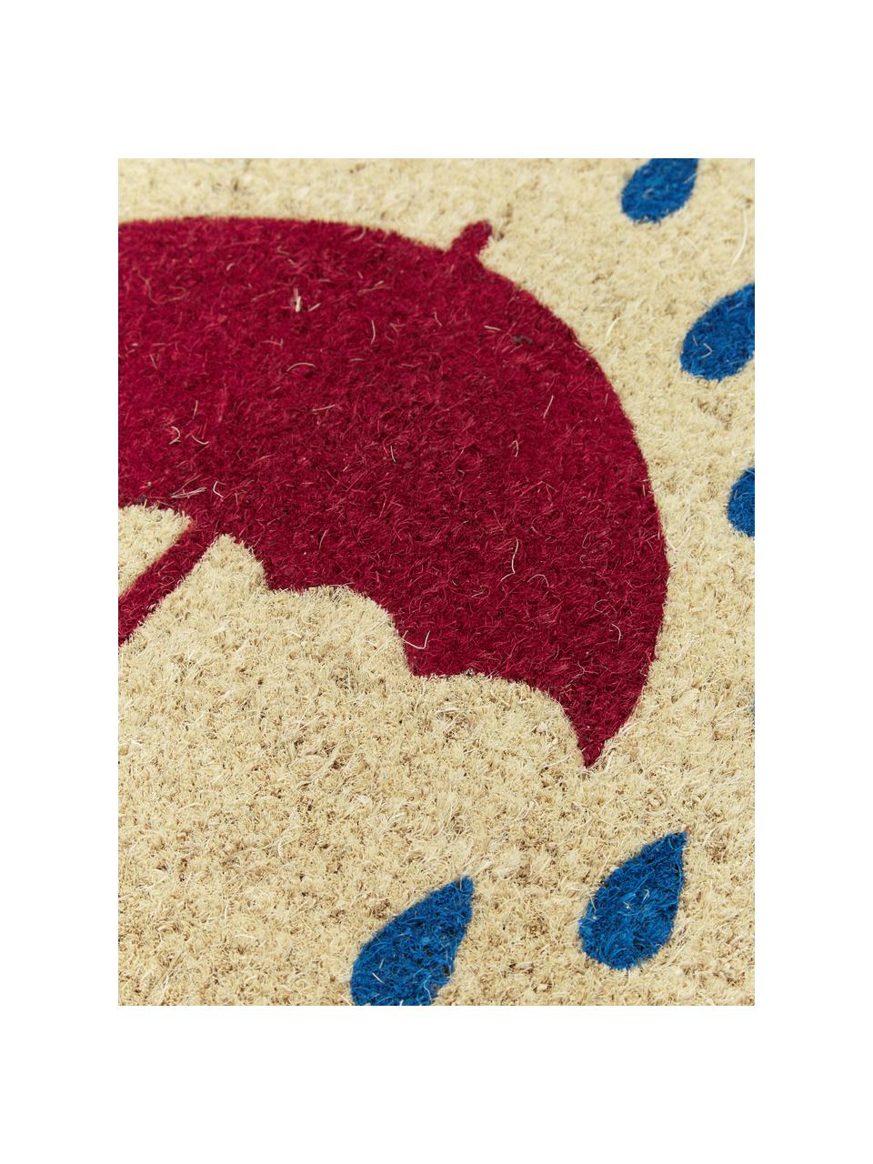 Deurmat Rainy, Bovenzijde: kokosvezels, Onderzijde: kunststof (PVC), Lichtbeige, blauw, rood, 45 x 75 cm