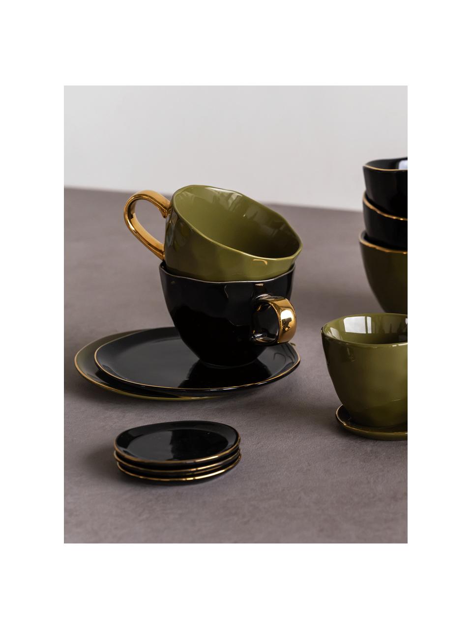 Schoteltjes Good Morning met goudkleurige rand, 2 stuks, Keramiek, Zwart met goudkleurige rand, Ø 9 cm