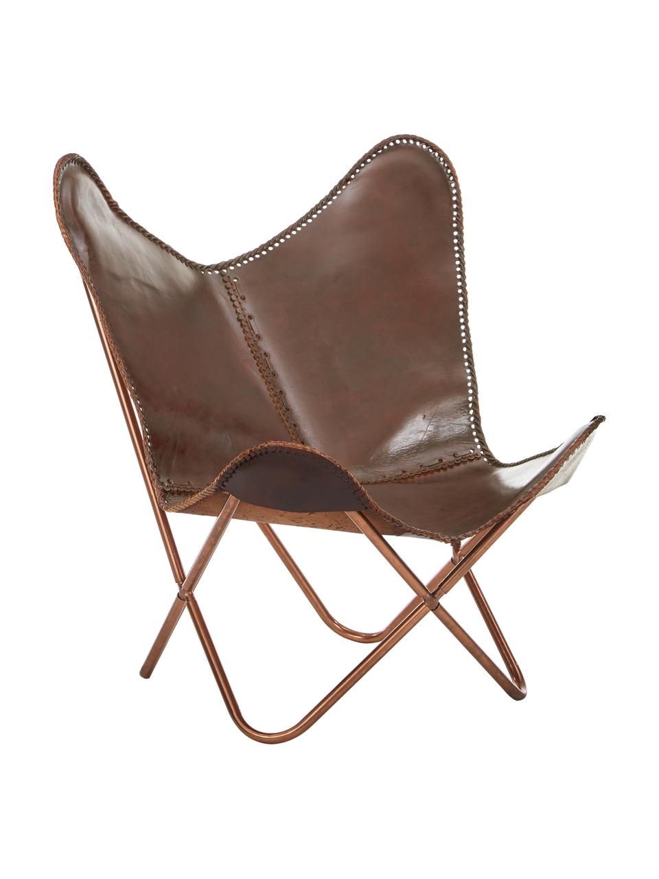 Leren fauteuil Butterfly, Bekleding: runderleer, Frame: gelakt metaal, Bruin, 80 x 87 cm